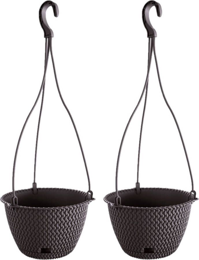 Prosperplast 2x Stuks antraciet ophang Splofy kunststof bloempotten plantenpotten met schotel 4 8 liter 27 cm Tuin hangdecoratie