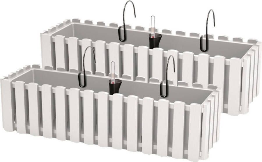 Prosperplast 2x stuks fence-look ophang plantenbakken bloembakken kunststof 58 x 18 x 16 cm parel wit met handige droogtemeter voor binnen buiten