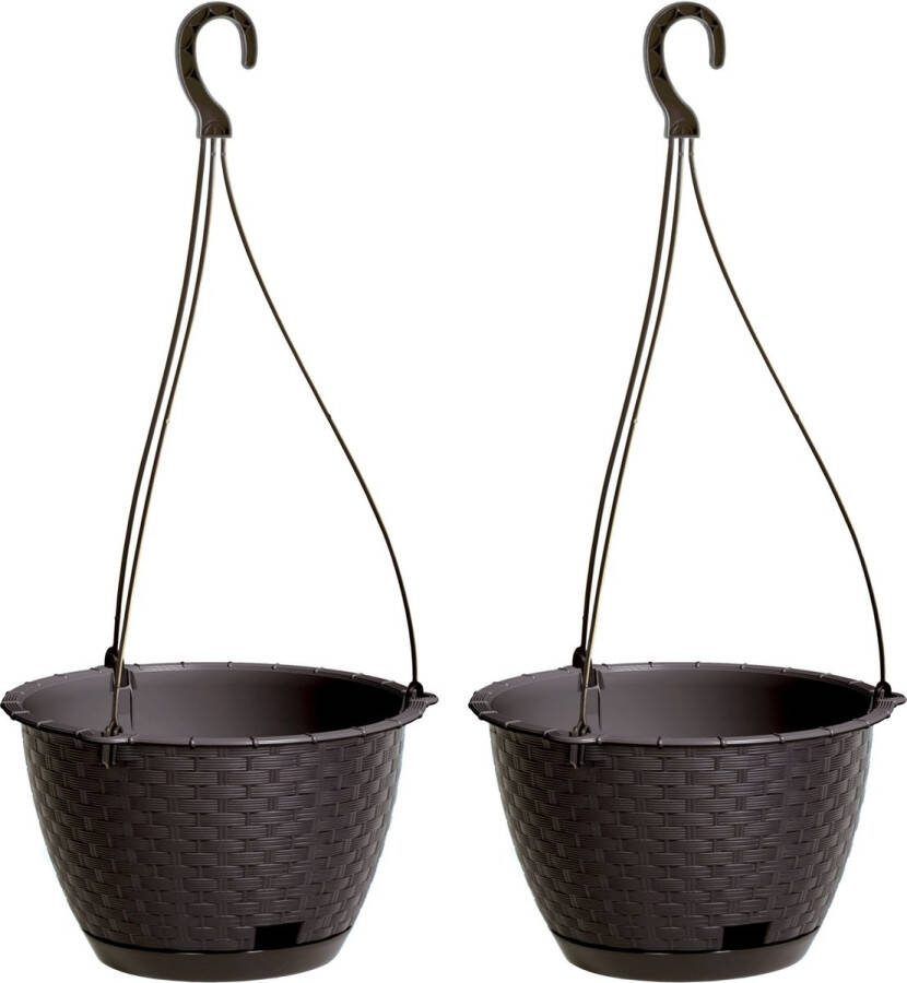 Prosperplast 2x stuks hangende plantenpot bloempot kunststof dia 24 cm hoogte 16 cm donkerbruin met ophanghaak