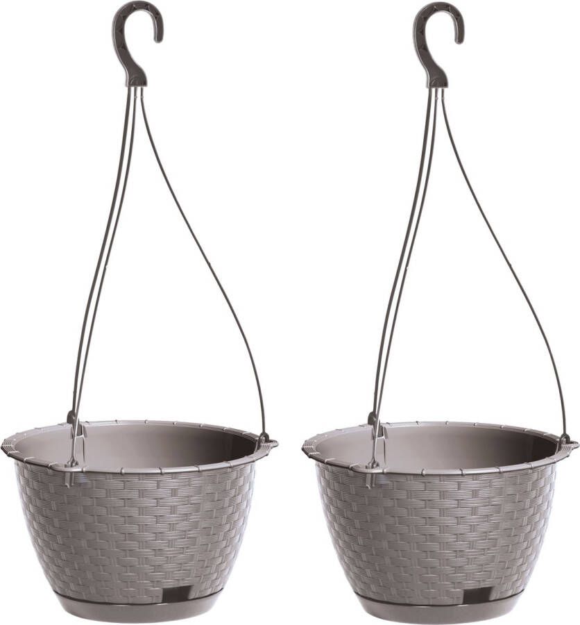 Prosperplast 2x stuks hangende plantenpot bloempot kunststof dia 24 cm hoogte 16 cm taupe beige met ophanghaak