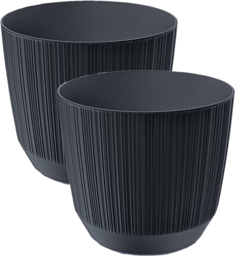 Prosperplast 2x stuks moderne carf-stripe plantenpot bloempot kunststof dia 17 cm hoogte 15 cm antraciet grijs voor binnen buiten