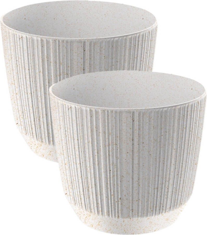 Prosperplast 2x stuks moderne carf-stripe plantenpot bloempot kunststof dia 17 cm hoogte 15 cm eco hout wit voor binnen buiten
