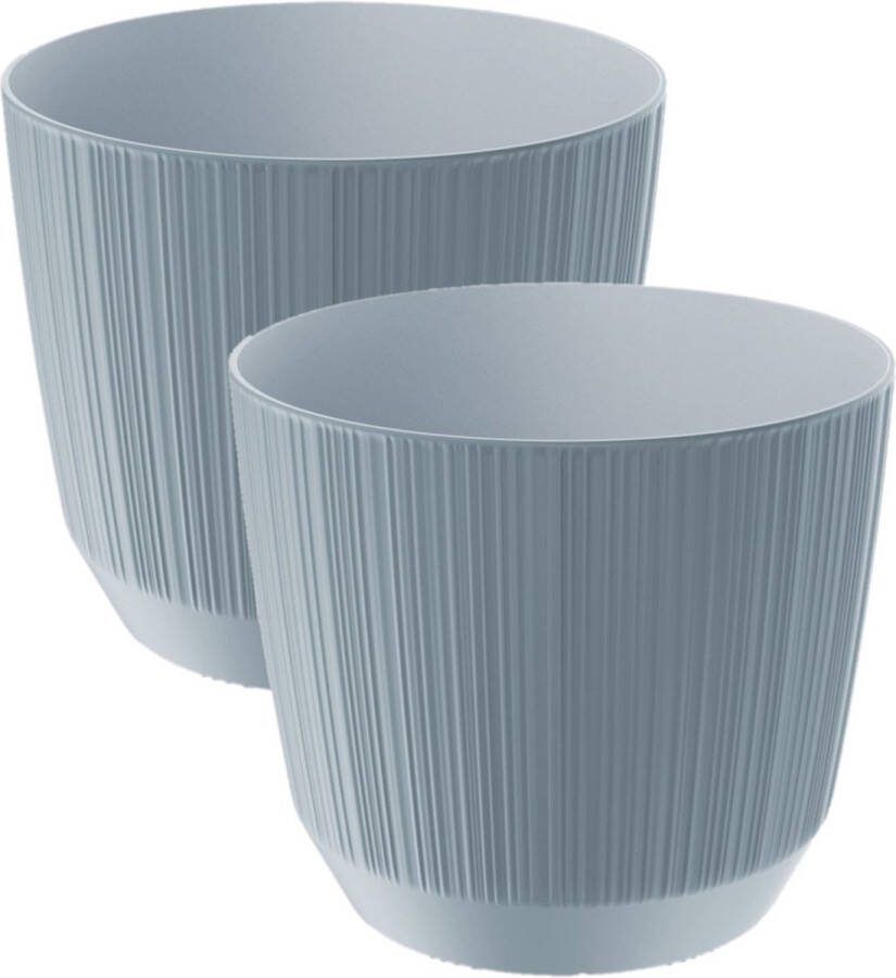 Prosperplast 2x stuks moderne carf-stripe plantenpot bloempot kunststof dia 17 cm hoogte 15 cm steengrijs voor binnen buiten