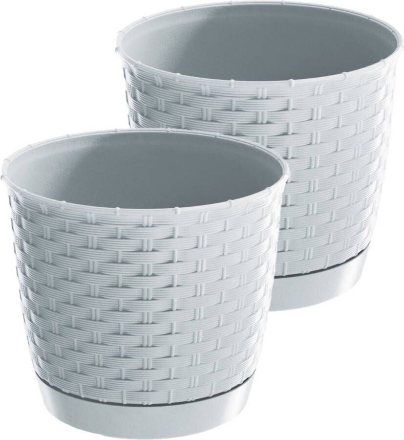 Prosperplast 2x Stuks Ronde Gevlochten Plantenpotten bloempotten Kunststof Dia 16.5 Cm En Hoogte 14 Cm Donkerbrui Plantenpotten