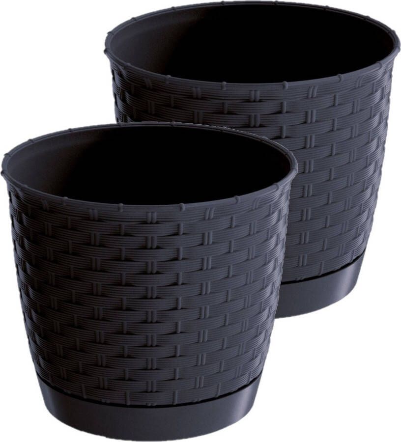 Prosperplast 2x Stuks Ronde Gevlochten Plantenpotten bloempotten Kunststof Dia 19 Cm En Hoogte 16.5 Cm Antraciet Plantenpotten