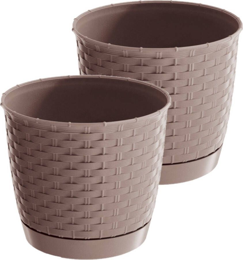 Prosperplast 2x Stuks Ronde Gevlochten Plantenpotten bloempotten Kunststof Dia 25 Cm En Hoogte 22 Cm Taupe Plantenpotten