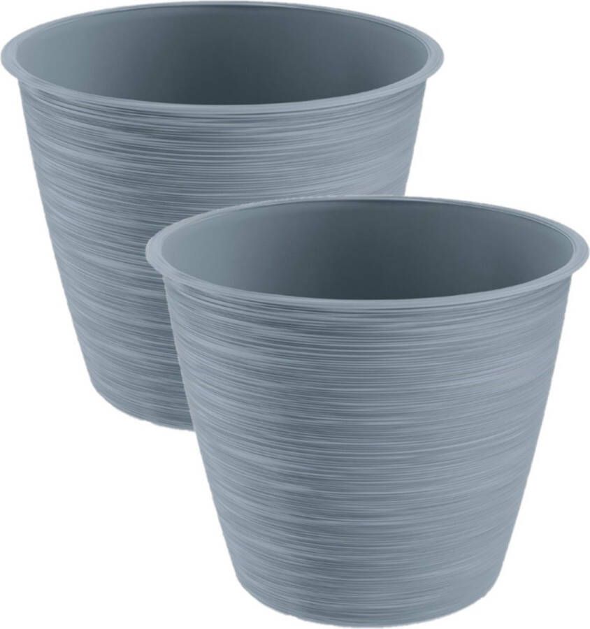 Prosperplast 2x stuks stijlvolle kunststof plantenpot bloempot dia 15 cm hoogte 12.5 cm Paintstripe steengrijs voor binnen buiten