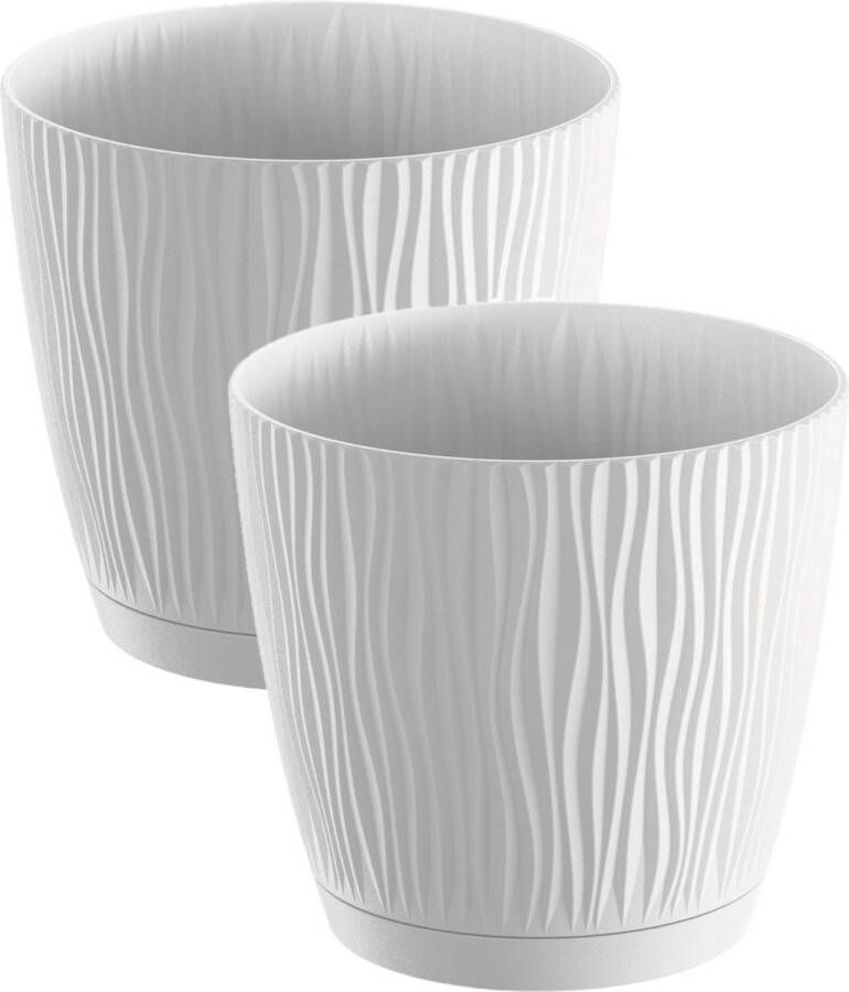 Prosperplast 2x stuks stijlvolle kunststof plantenpot bloempot dia 28 cm hoogte 26 cm Waves wit voor binnen buiten