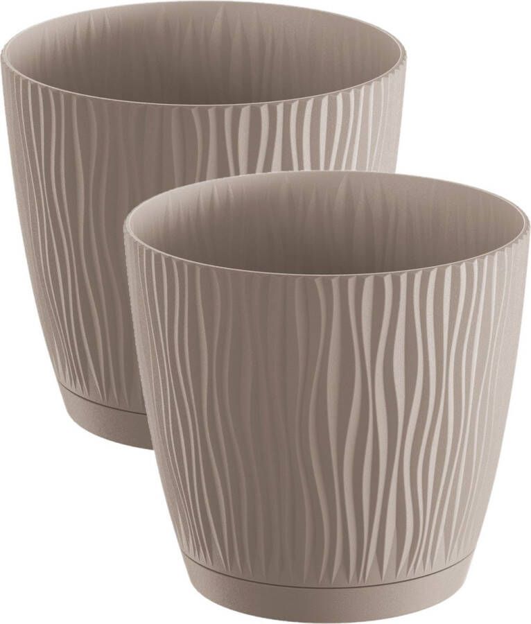Prosperplast 2x stuks stijlvolle kunststof plantenpot bloempot dia 17 cm hoogte 16 cm Waves taupe voor binnen buiten