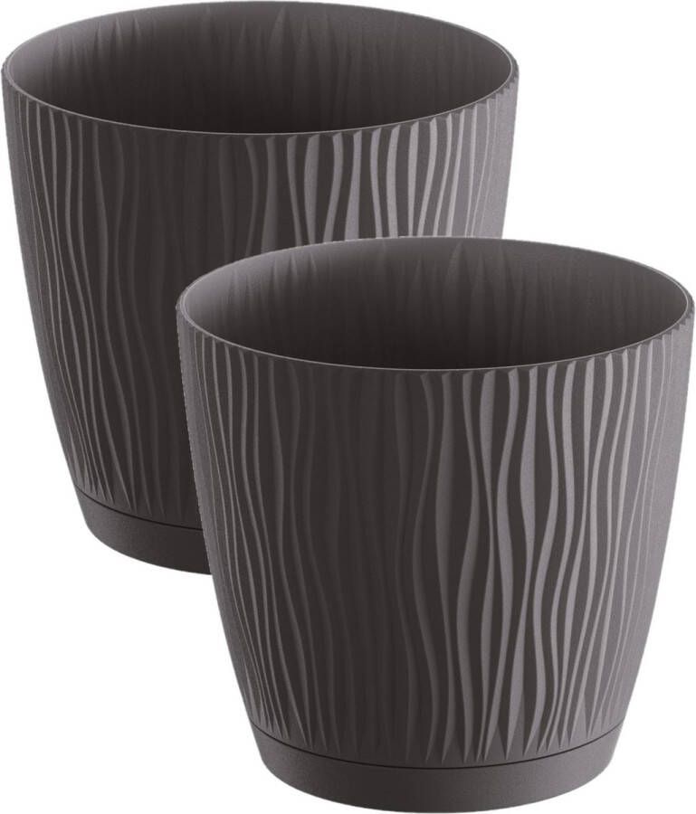 Prosperplast 2x stuks stijlvolle kunststof plantenpot bloempot dia 19 cm hoogte 17.5 cm Waves antraciet grijs voor binnen buiten