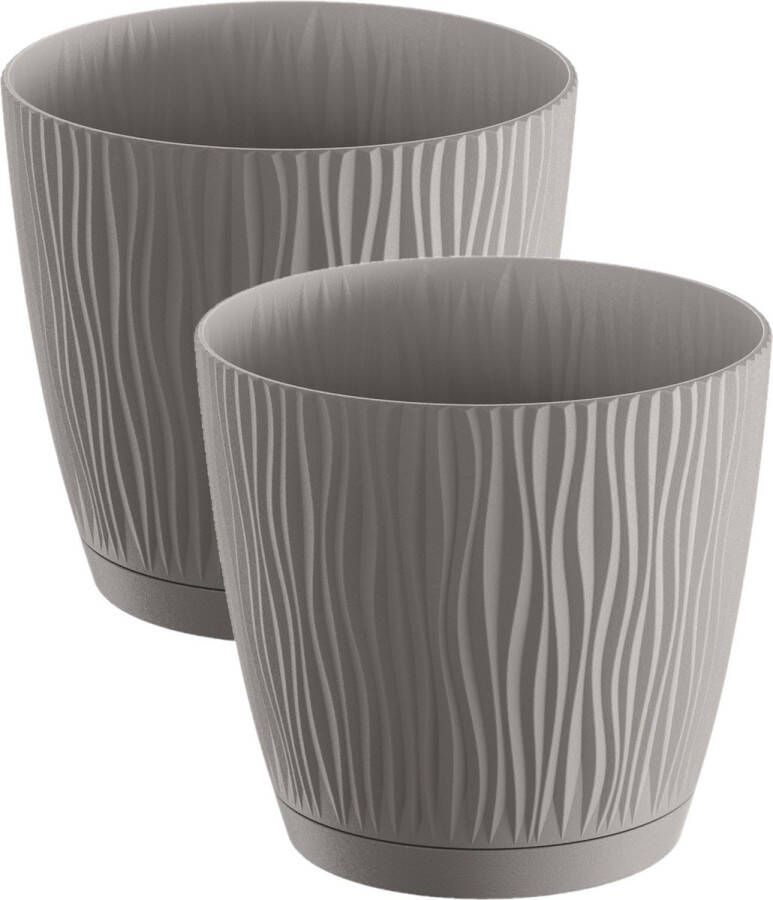 Prosperplast 2x stuks stijlvolle kunststof plantenpot bloempot dia 19 cm hoogte 17.5 cm Waves steengrijs voor binnen buiten