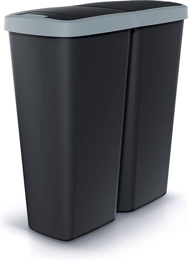 Prosperplast Keden Compacta Q DUO Prullenbak 50L afvalbak met dubbel deksel en één compartiment Zwart en Grijs