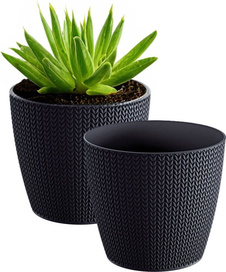 Prosperplast Plantenpot Bloempot 2x antraciet geribbeld D16 x H14 cm kunststof binnen buiten