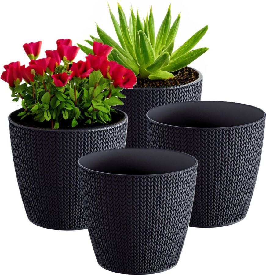 Prosperplast Plantenpot Bloempot 4x antraciet geribbeld D16 x H14 cm kunststof binnen buiten