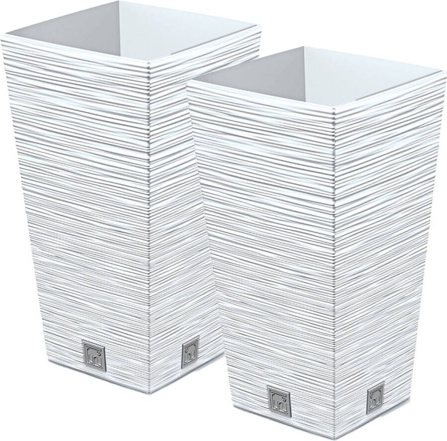 Prosperplast Plantenpot bloempot Furu Stripes 2x voor buiten kunststof wit vierkant D29 x H55 cm