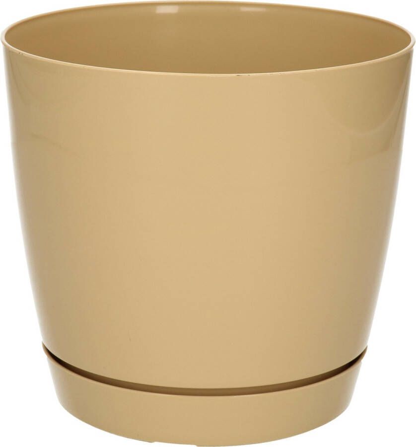 Prosperplast Plantenpot bloempot kunststof rond glanzend beige bruin dia 15.5 x hoogte 14 cm voor binnen buiten