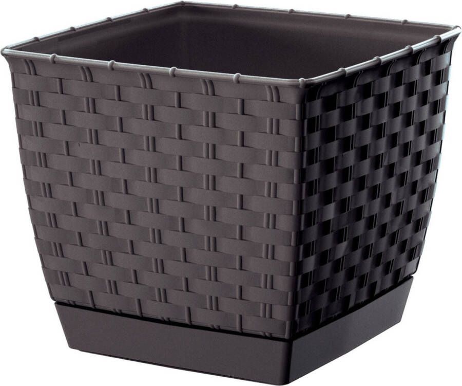 Prosperplast Plantenpot bloempot rotan kunststof 14.5 x 14.5 cm en hoogte 12.5 cm donkerbruin voor binnen buiten