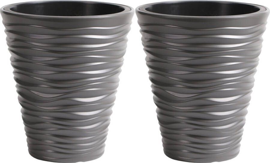 Prosperplast Plantenpot bloempot Sand Dunes 2x buiten binnen kunststof steengrijs D39 x H43 cm met binnenpot