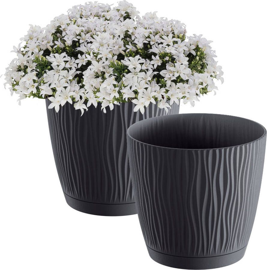 Prosperplast Plantenpot Bloempot Waves 3x kunststof antraciet D13 x H12 cm binnen buiten met opvangschaal