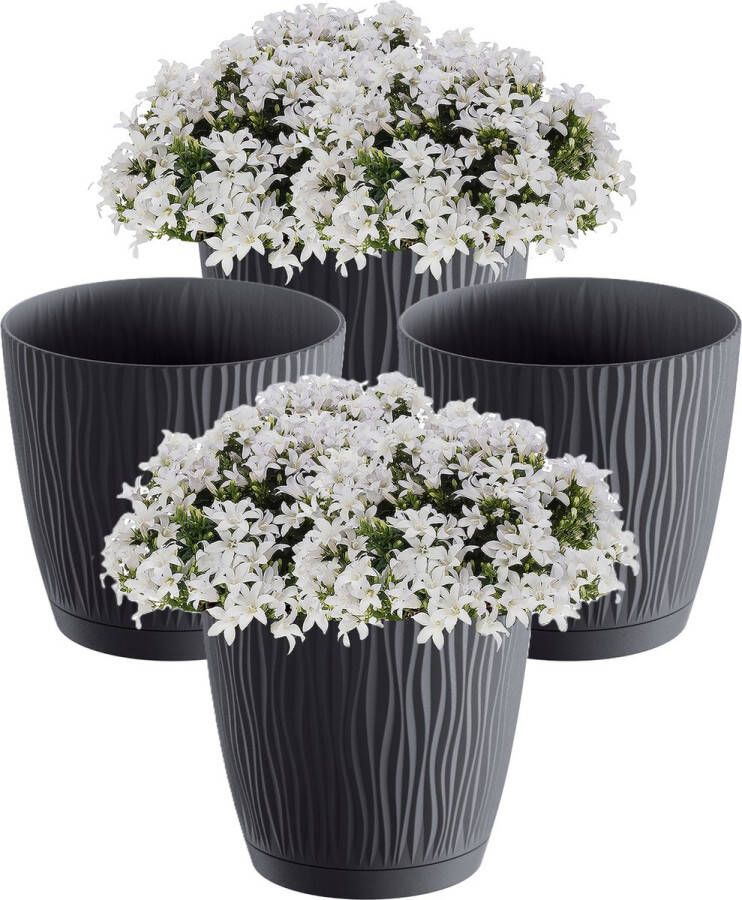 Prosperplast Plantenpot Bloempot Waves 4x kunststof antraciet D13 x H12 cm binnen buiten met opvangschaal