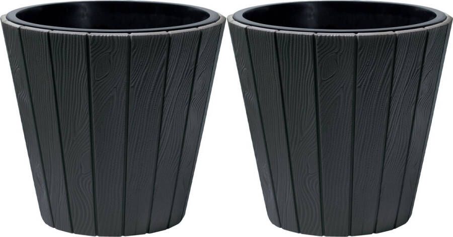 Prosperplast Plantenpot bloempot Wood Style 2x buiten binnen kunststof antraciet D30 x H28 cm met binnenpot