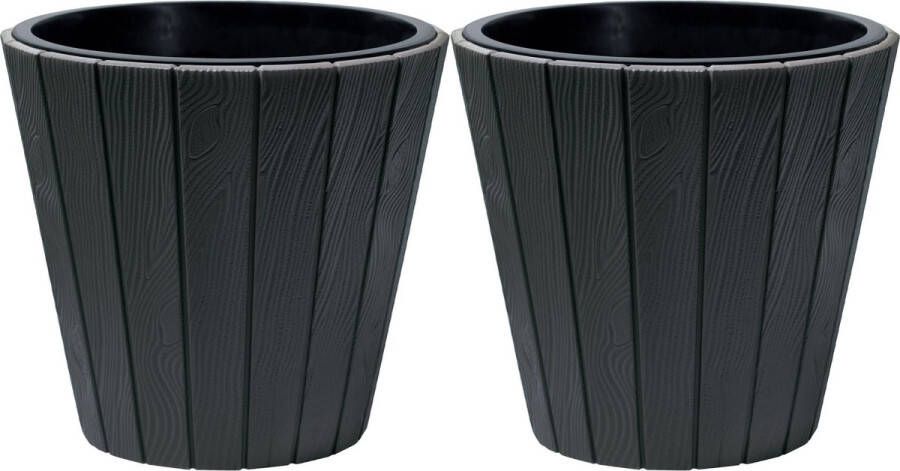 Prosperplast Plantenpot bloempot Wood Style 2x buiten binnen kunststof antraciet D35 x H32 cm met binnenpot