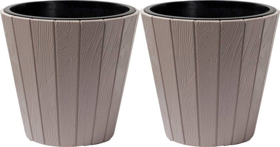 Prosperplast Plantenpot bloempot Wood Style 2x buiten binnen kunststof beige D30 x H28 cm met binnenpot