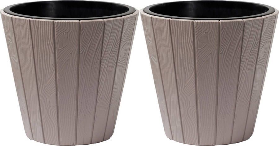 Prosperplast Plantenpot bloempot Wood Style 2x buiten binnen kunststof beige D35 x H32 cm met binnenpot