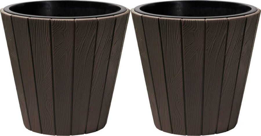 Prosperplast Plantenpot bloempot Wood Style 2x buiten binnen kunststof donkerbruin D30 x H28 cm met binnenpot