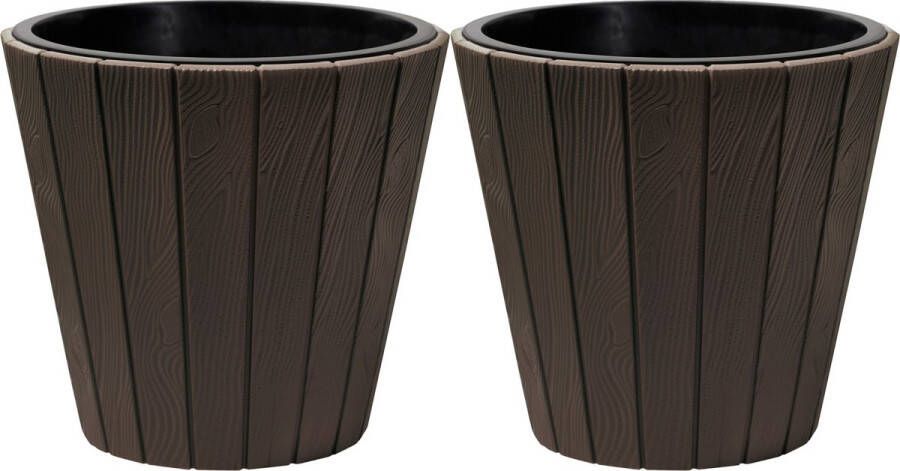 Prosperplast Plantenpot bloempot Wood Style 2x buiten binnen kunststof donkerbruin D35 x H32 cm met binnenpot