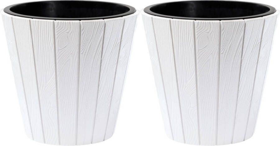 Prosperplast Plantenpot bloempot Wood Style 2x buiten binnen kunststof wit D30 x H28 cm met binnenpot