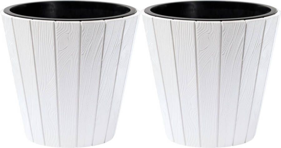 Prosperplast Plantenpot bloempot Wood Style 2x buiten binnen kunststof wit D35 x H32 cm met binnenpot