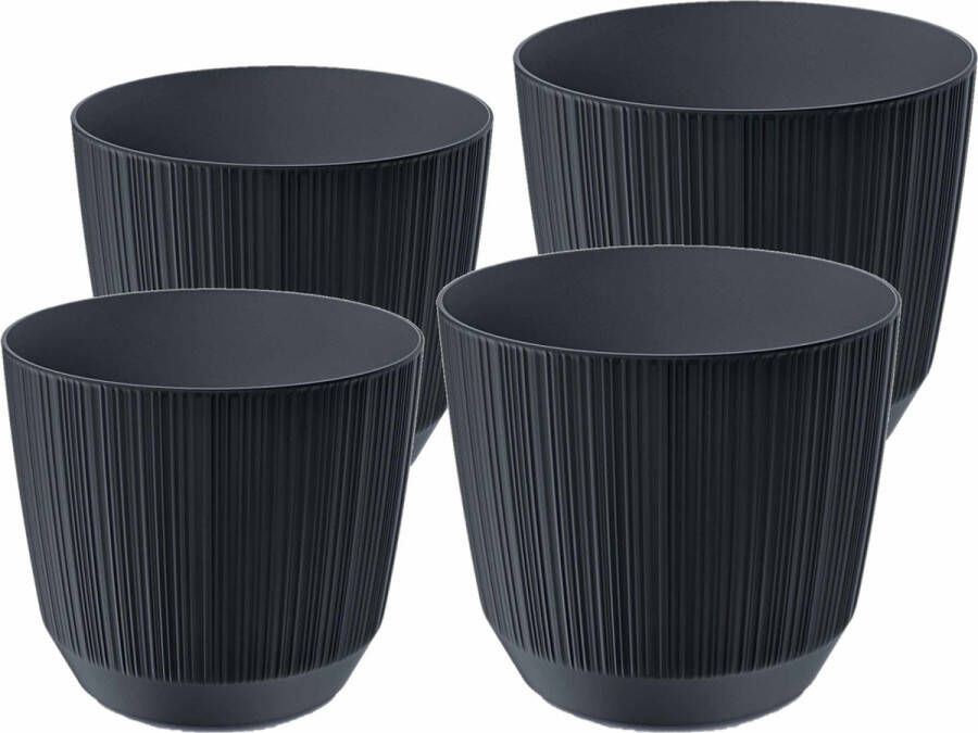 Prosperplast plantenpotten bloempotten Carf Stripe antraciet 4x stuks kunststof Dia 13 en 17 cm