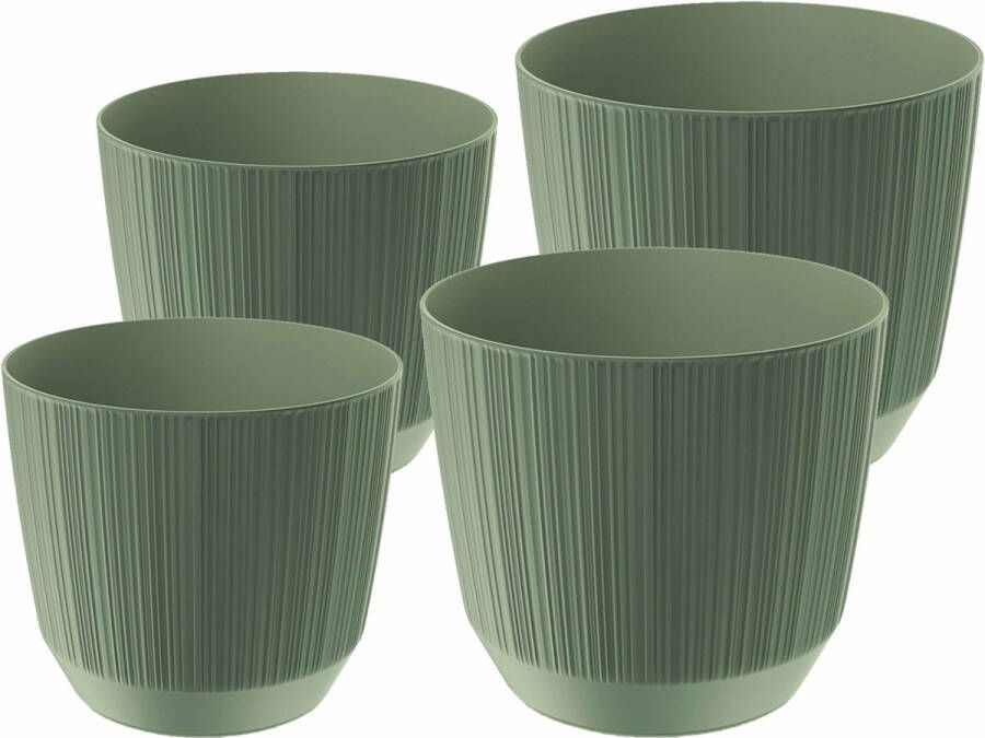 Prosperplast plantenpotten bloempotten Carf Stripe groen 4x stuks kunststof Dia 13 en 17 cm