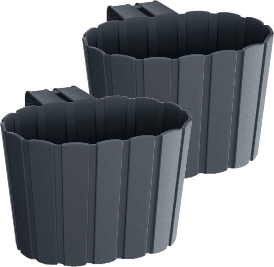 Prosperplast Set van 2x stuks kunststof balkon plantenpotten bloempotten met haak antraciet grijs 19 cm Tuin balkon decoraties