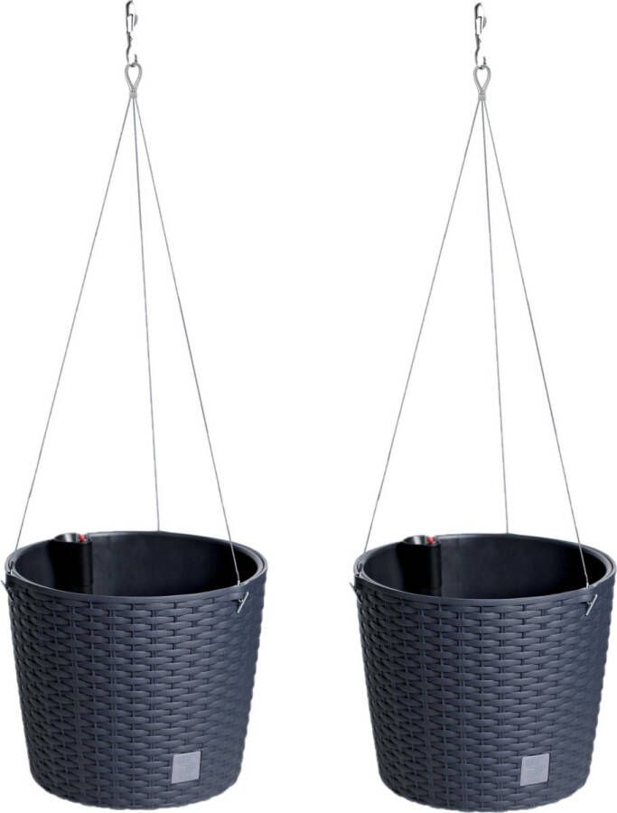 Prosperplast Set van 2x stuks kunststof Rato antraciet hangende rotan bloempotten plantenpotten 25 cm Binnen buiten decoratie hang bloempot plantenpot