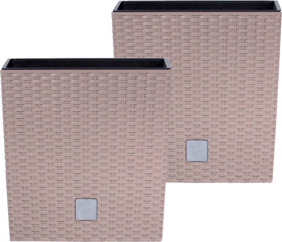 Prosperplast Set van 2x stuks kunststof Rato rotan bloempotten plantenpotten met binnenpot taupe 26 cm Bloempotten voor binnen en buiten