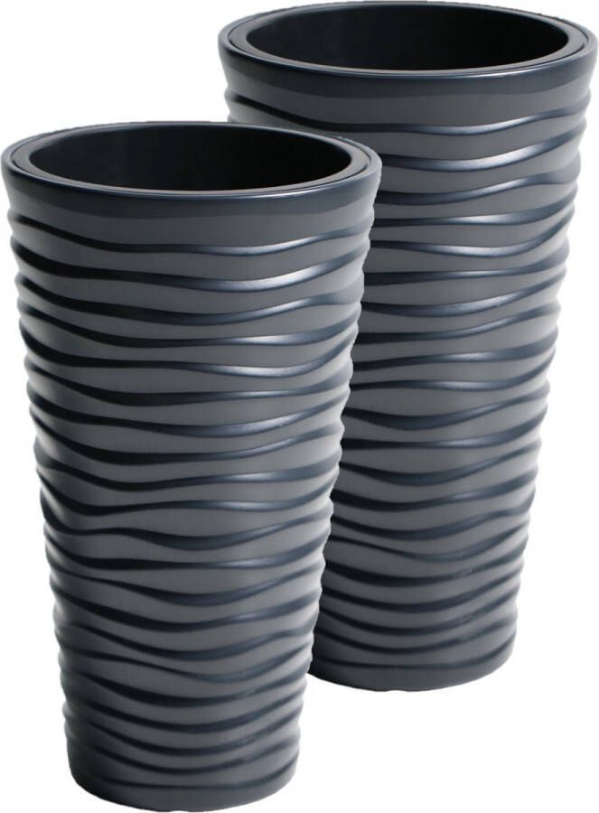 Prosperplast Set van 2x stuks kunststof Sand bloempot plantenpot met binnenpot antraciet 39 x 75 cm 18 45 liter Hoge ronde bloempotten