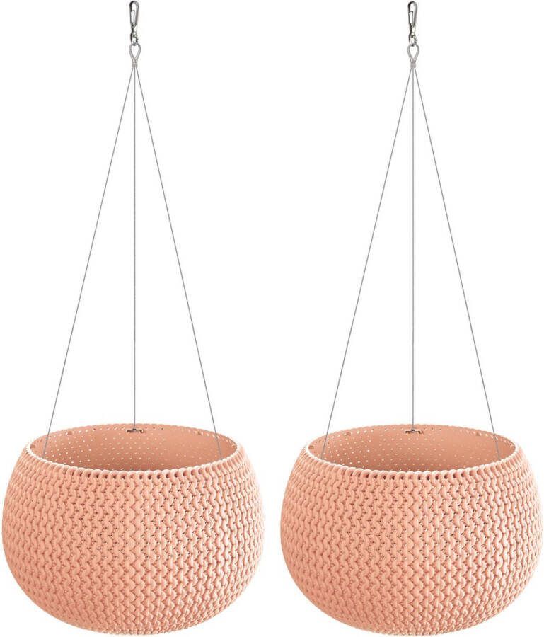 Prosperplast Set van 2x stuks plantenpotten bloempotten hangend kunststof dia 24 cm en hoogte 16 cm in het zalm roze met metalen ophanghaak
