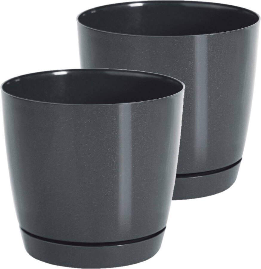 Prosperplast Set van 2x stuks plantenpotten bloempotten kunststof rond glanzend antraciet grijs dia 15.5 x hoogte 14 cm voor binnen buiten