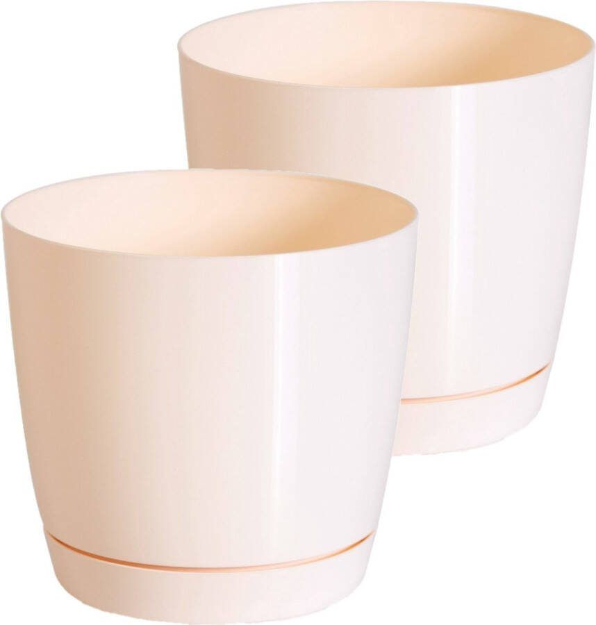 Prosperplast Set van 2x stuks plantenpotten bloempotten kunststof rond glanzend bruin beige dia 15.5 x hoogte 14 cm voor binnen buiten