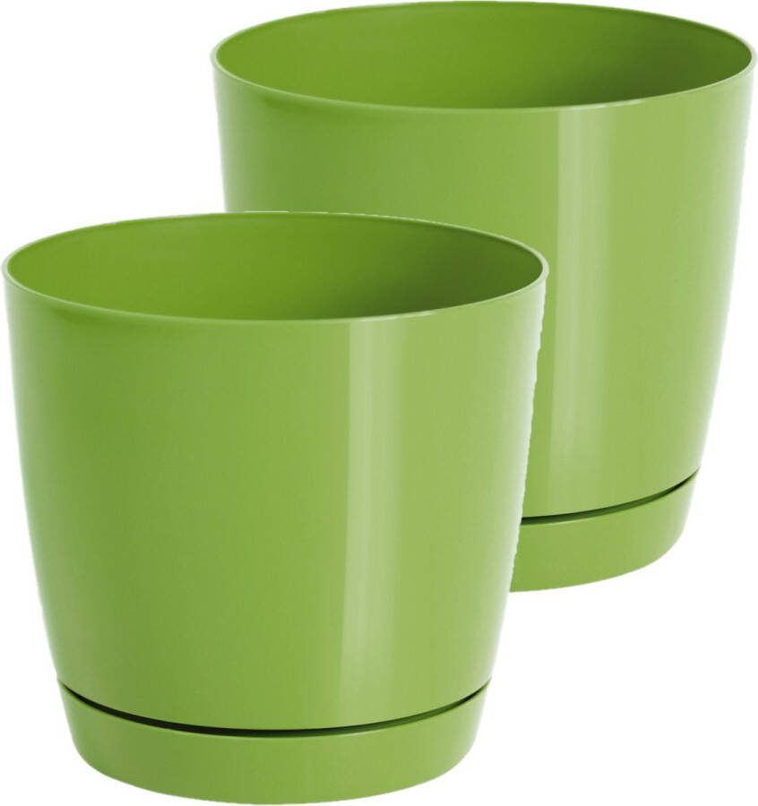 Prosperplast Set van 2x stuks plantenpotten bloempotten kunststof rond glanzend kiwi groen dia 18 x hoogte 16.5 cm voor binnen buiten