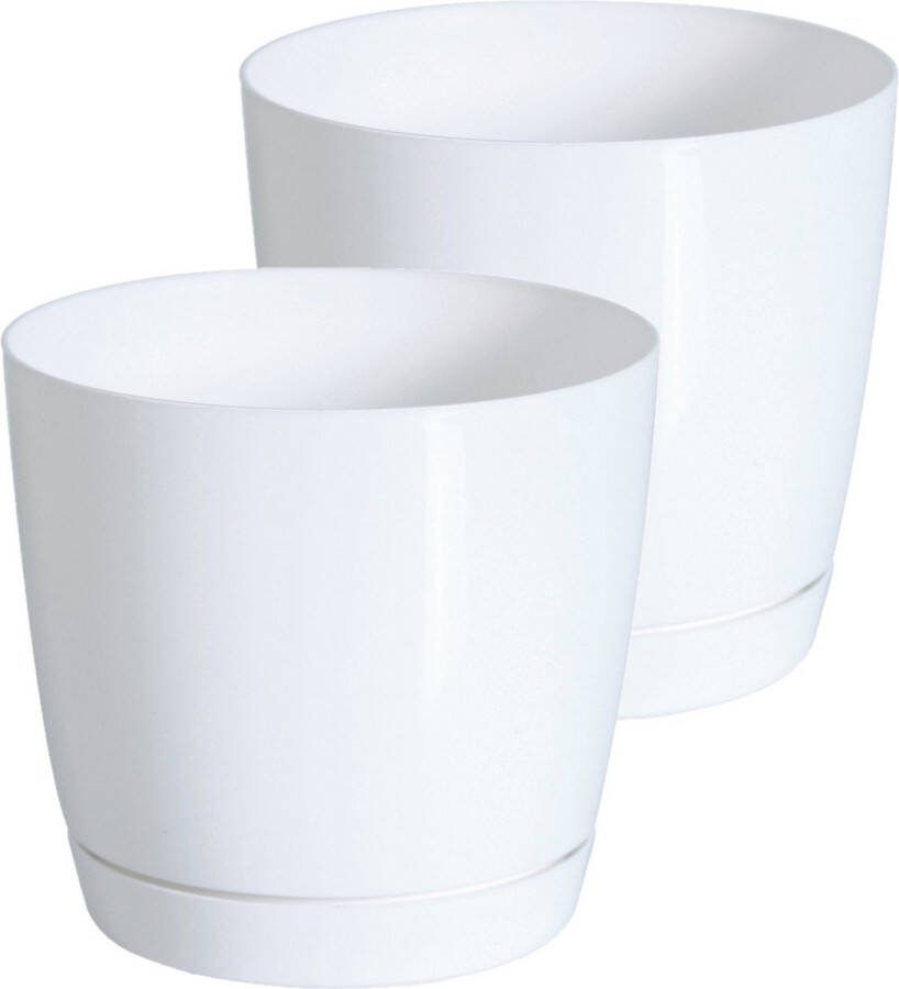 Prosperplast Set van 2x stuks plantenpotten bloempotten kunststof rond glanzend parel wit dia 21 x hoogte 19 cm voor binnen buiten