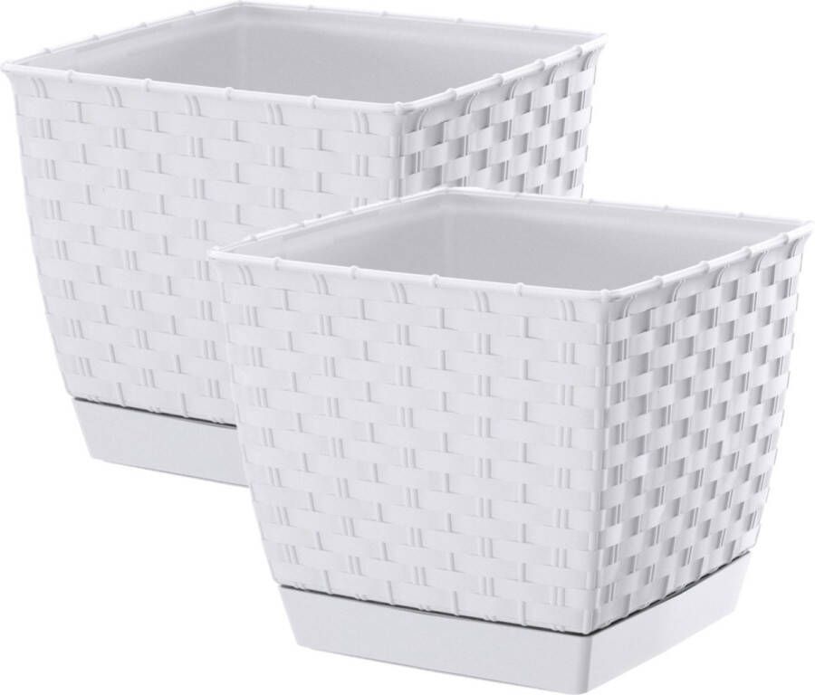 Prosperplast Set van 2x stuks plantenpotten bloempotten rotan kunststof 14.5 x 14.5 cm en hoogte 12.5 cm taupe beige voor binnen buiten