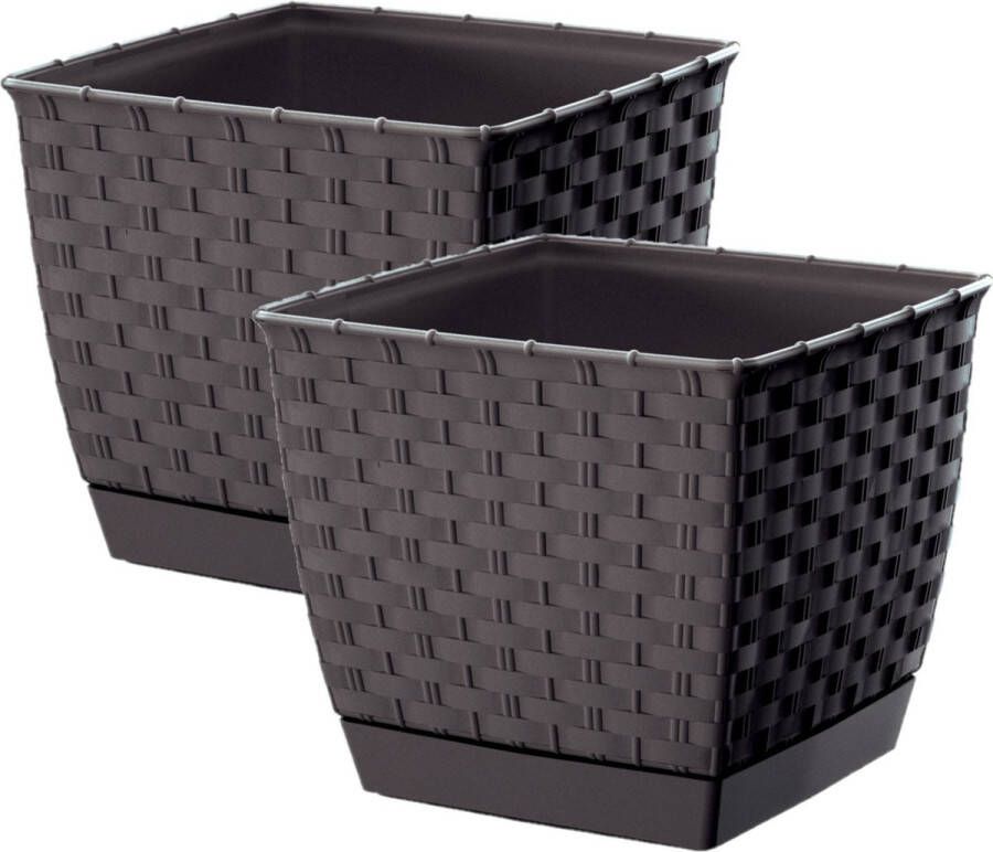 Prosperplast Set van 2x stuks plantenpotten bloempotten rotan kunststof 19 x 19 cm en hoogte 16 cm donkerbruin voor binnen buiten