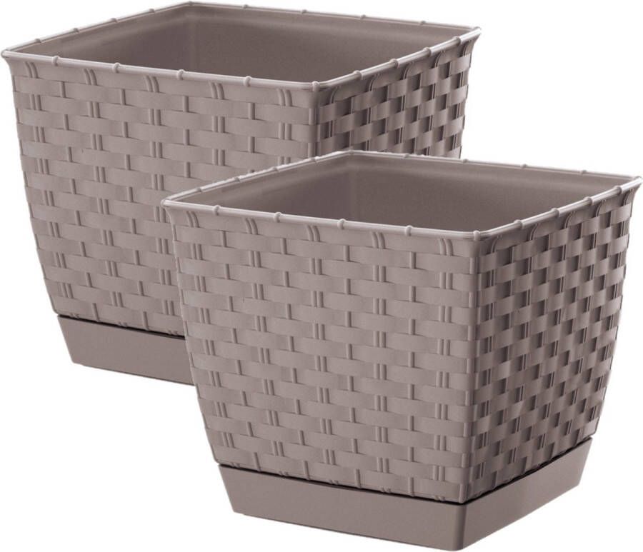 Prosperplast Set van 2x stuks plantenpotten bloempotten rotan kunststof 22 x 22 cm en hoogte 19 cm taupe beige voor binnen buiten