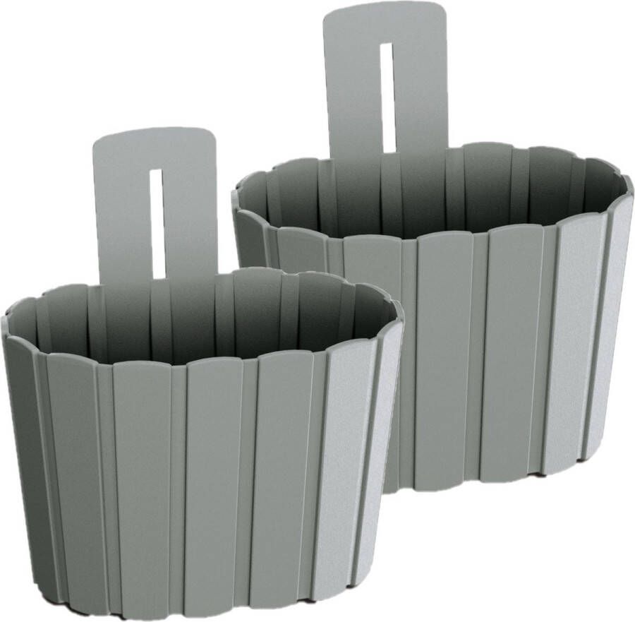 Prosperplast Set van 2x stuks wood-look muur wand schutting plantenpot bloempot kunststof dia 20 cm hoogte 15 cm parel wit voor buiten