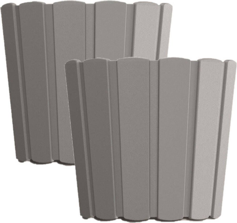 Prosperplast Set van 2x stuks wood-look plantenpot bloempot kunststof dia 16.5 cm hoogte 15 cm steengrijs voor binnen buiten