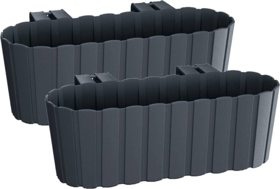 Prosperplast Set van 4x stuks kunststof rechthoekige balkon plantenbakken bloembakken met haken antraciet grijs 38 cm Tuin balkon decoraties