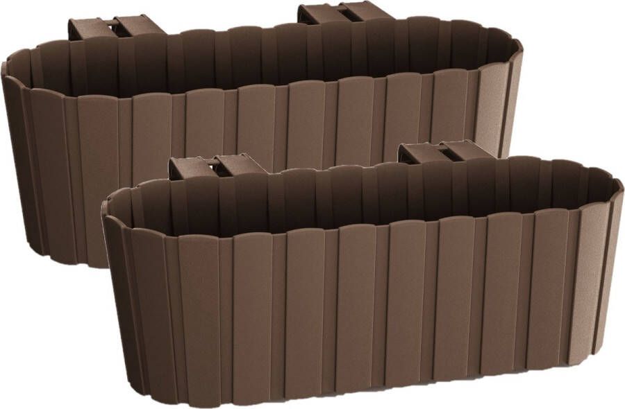 Prosperplast Set van 4x stuks kunststof rechthoekige balkon plantenbakken bloembakken met haken bruin 38 cm Tuin balkon decoraties